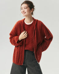 Cashmere Silk Cable Knit Hooded Cardigan