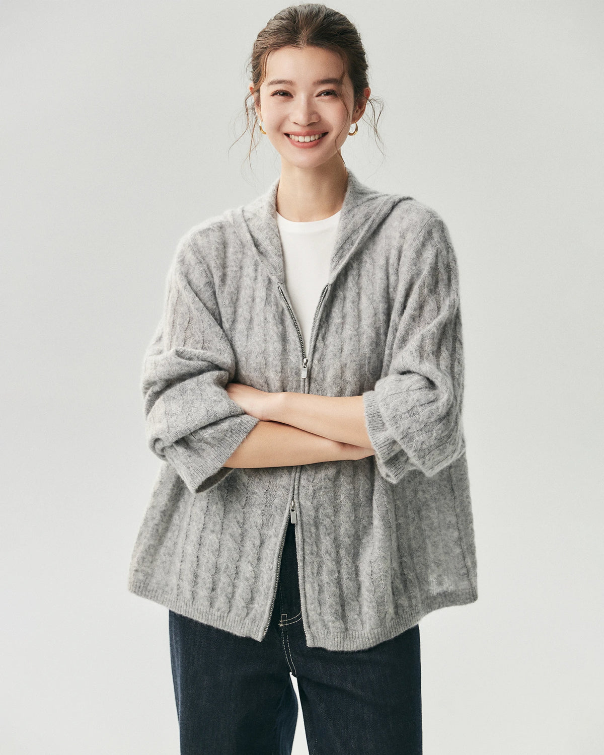 Cashmere Silk Cable Knit Hooded Cardigan