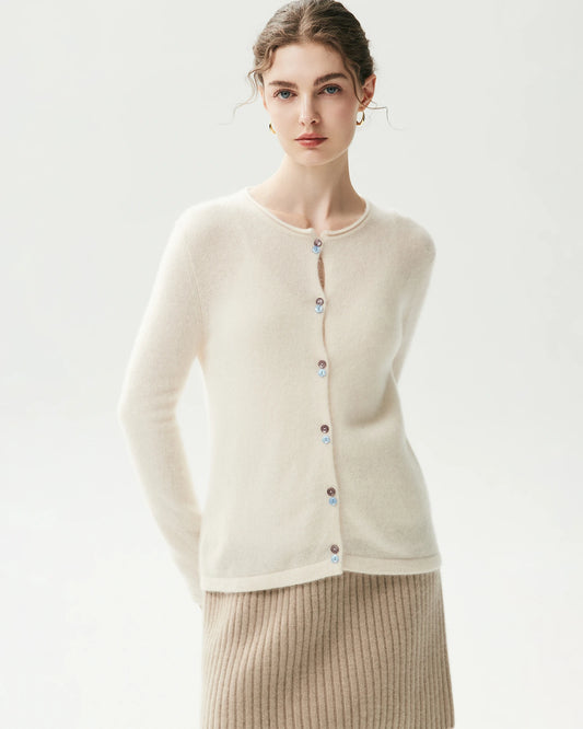 Cashmere Silk Crew Neck Double Button Cardigan