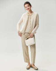 Cashmere Silk Tweed Trim Knit Top and Cardigan