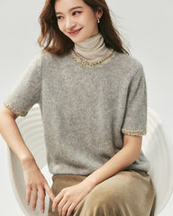 Cashmere Silk Tweed Trim Knit Top and Cardigan