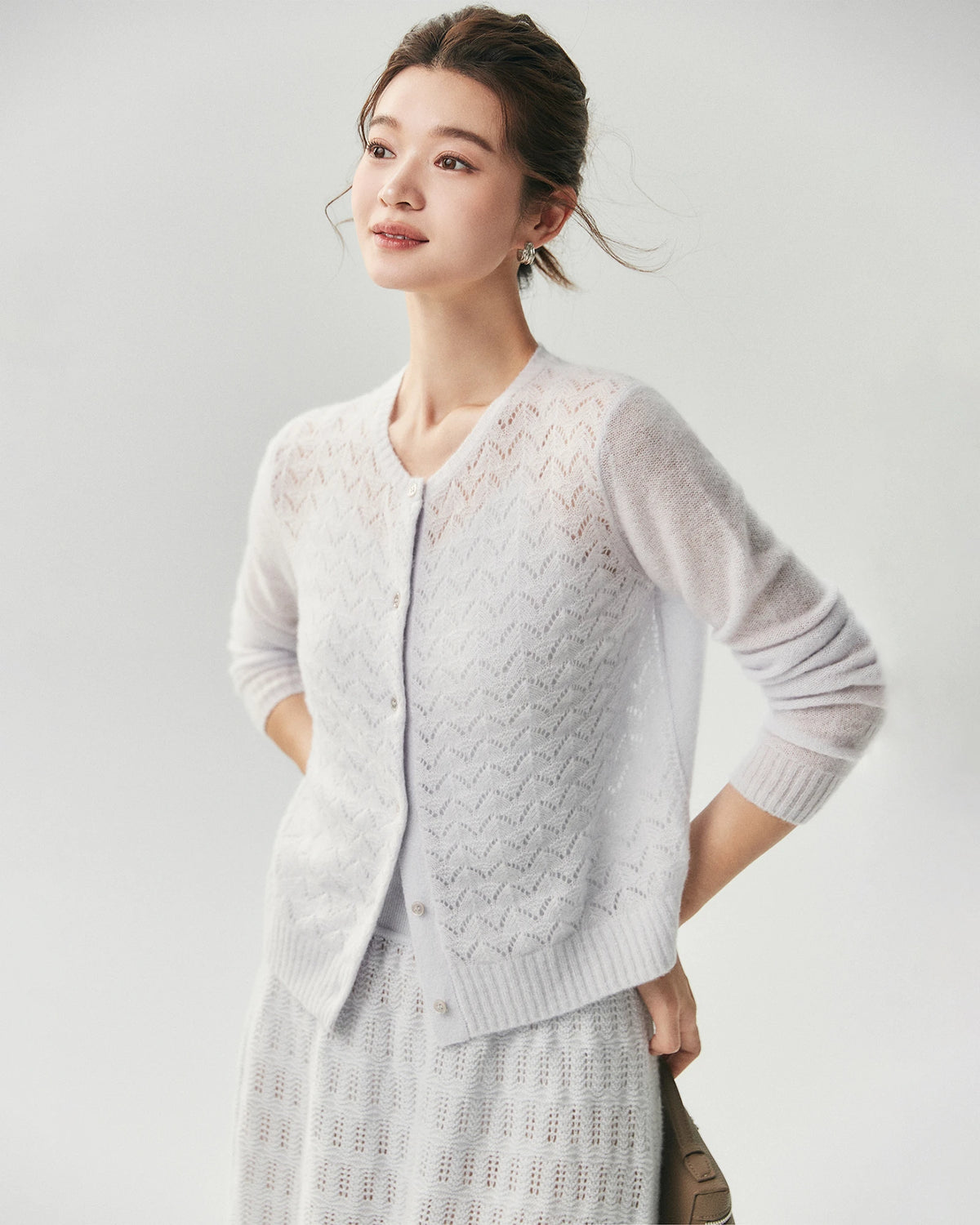 Cashmere Silk Pointelle Chevron Cardigan