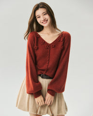 Cashmere Silk Ribbed V-Neck Floral Cardigan