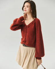 Cashmere Silk Ribbed V-Neck Floral Cardigan