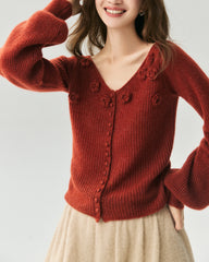 Cashmere Silk Ribbed V-Neck Floral Cardigan