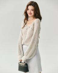 Cashmere Silk Ribbed V-Neck Floral Cardigan