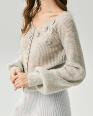 Cashmere Silk Ribbed V-Neck Floral Cardigan