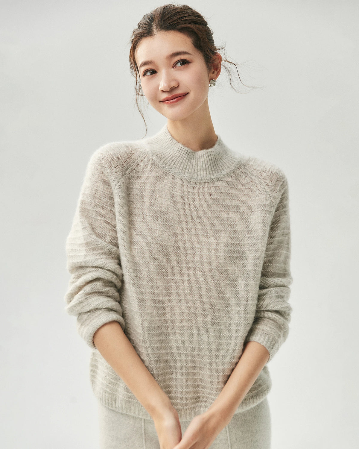 Cashmere Silk Waffle Knit Mock Neck Sweater