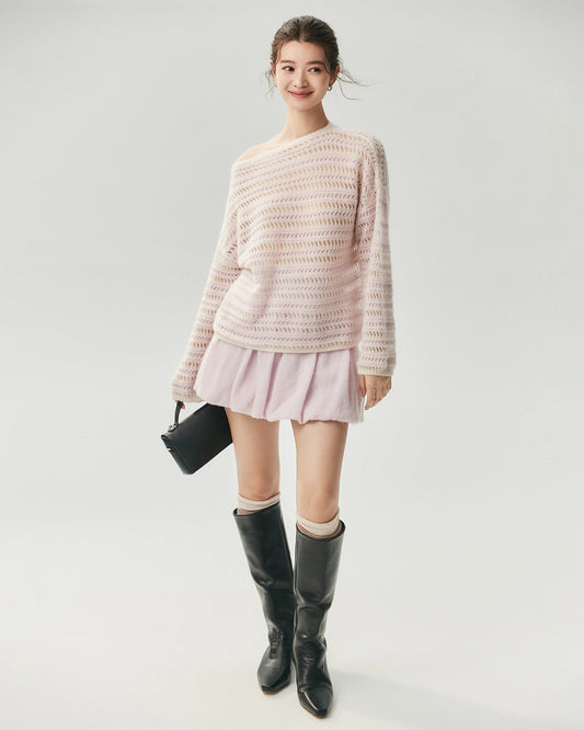 Cashmere Silk Open Knit Striped Boat Neck Sweater