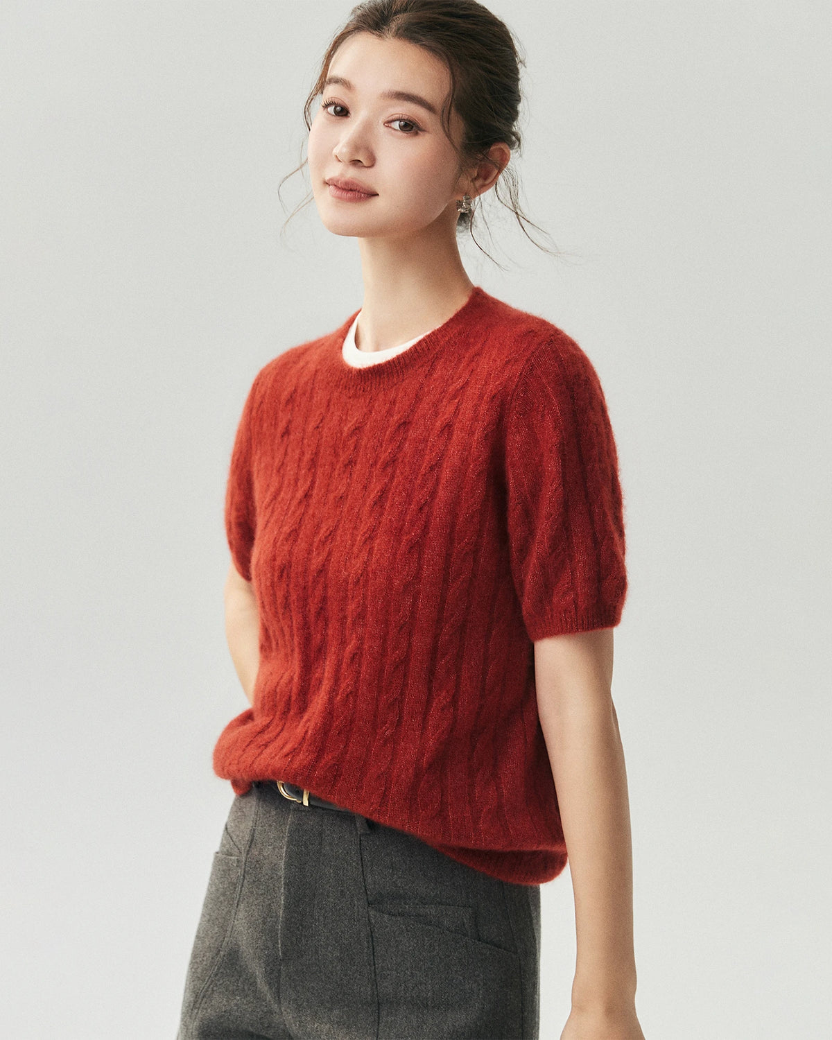Cashmere Silk Cable Knit Short Sleeve Top