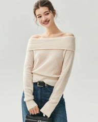 Cashmere Silk Off-Shoulder Fold-Over Sweater