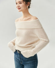 Cashmere Silk Off-Shoulder Fold-Over Sweater