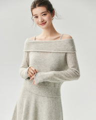 Cashmere Silk Off-Shoulder Fold-Over Sweater