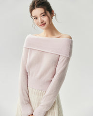 Cashmere Silk Off-Shoulder Fold-Over Sweater
