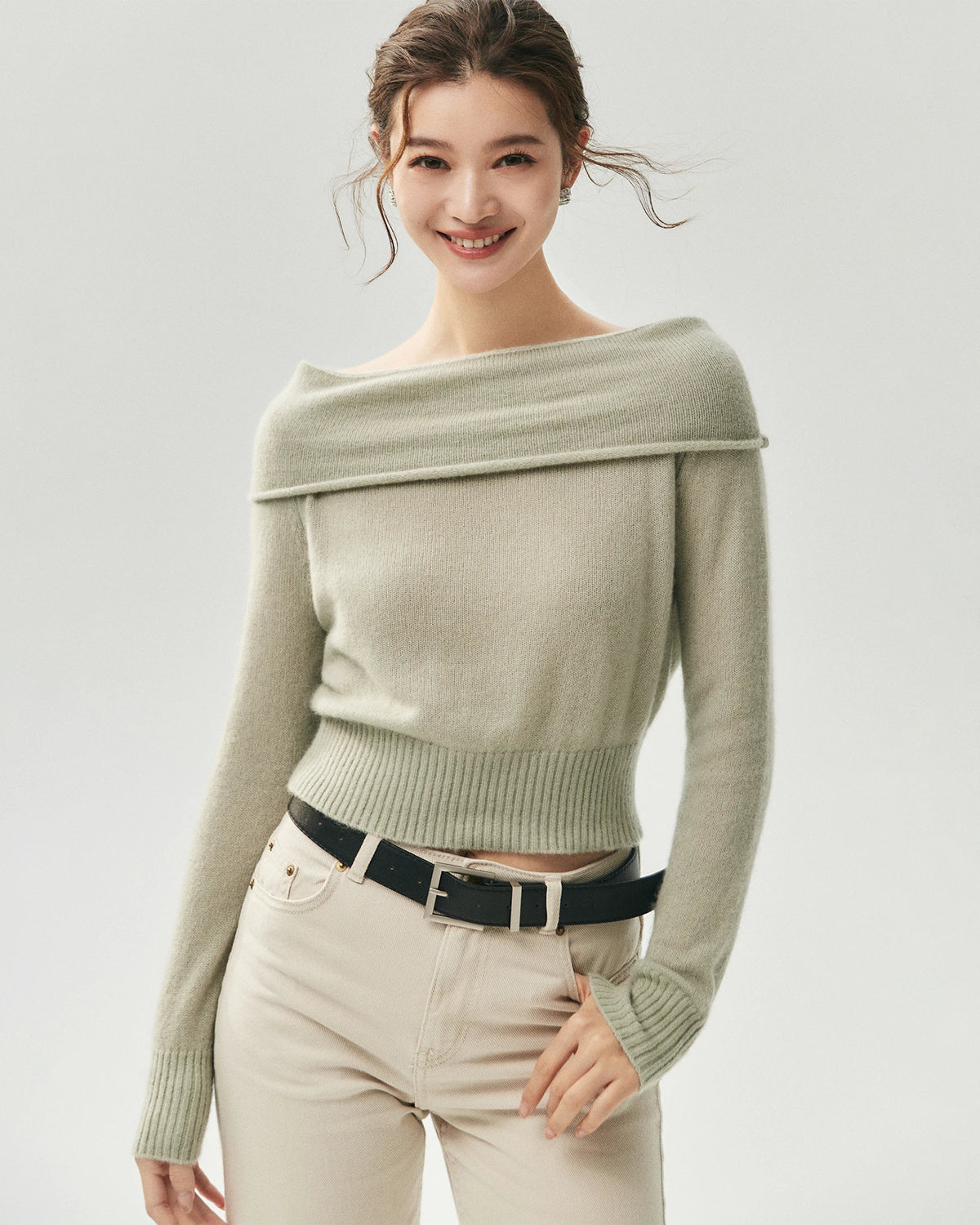 Cashmere Silk Off-Shoulder Fold-Over Sweater