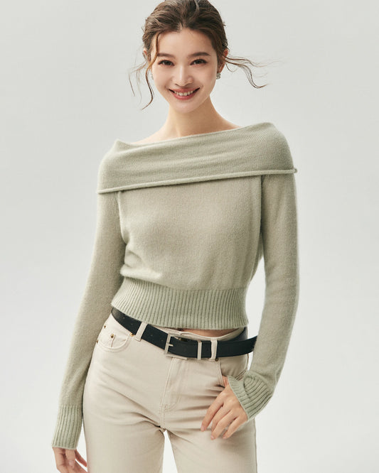 Cashmere Silk Off-Shoulder Fold-Over Sweater
