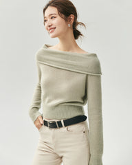 Cashmere Silk Off-Shoulder Fold-Over Sweater