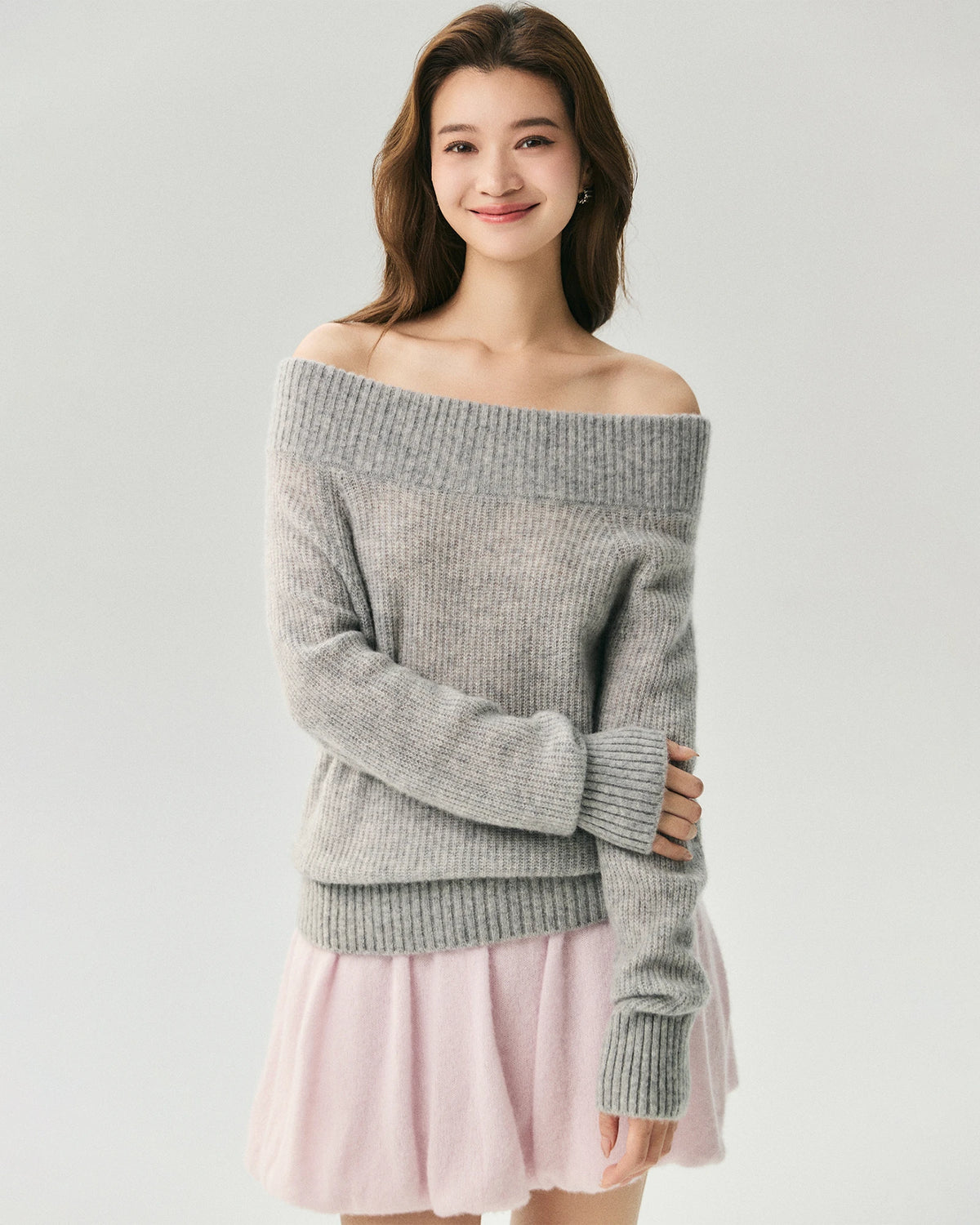 Cashmere Silk Off-Shoulder Ribbed Sweater