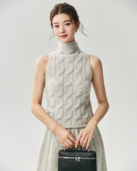 Cashmere Silk Cable Knit Mock Neck Sweater Vest