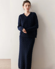 Cashmere Wool Cable Knit Sweater and Skirt Set