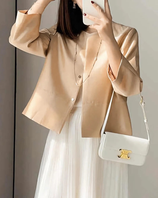 Cropped Silk and Wool Blazer, Beige