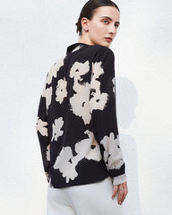 V Neck Floral Silk Blouse Long Sleeve