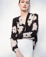 V Neck Floral Silk Blouse Long Sleeve