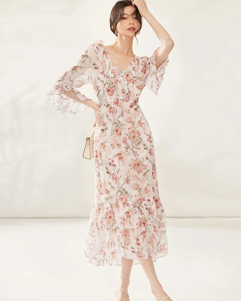DaisySilk Floral Silk Maxi Dress Long Sleeve A Line Garden Wedding Guest  Dress – DAISYSILK UK