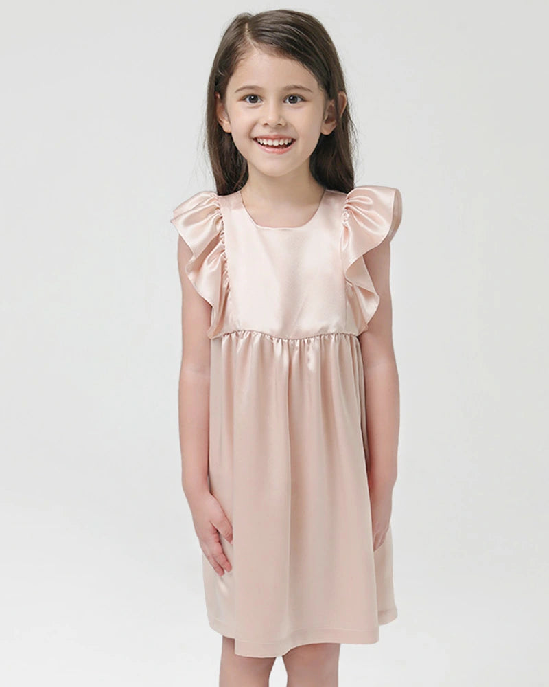 Girls Short Ruffle Sleeve Silk Dress - DAISYSILK UK