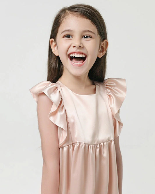 Girls Short Ruffle Sleeve Silk Dress - DAISYSILK UK