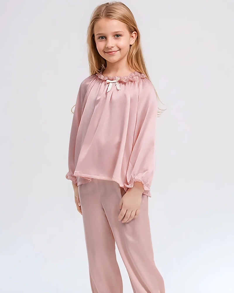 Girls Long Sleeve Ruffle Trim Silk Pajama Set