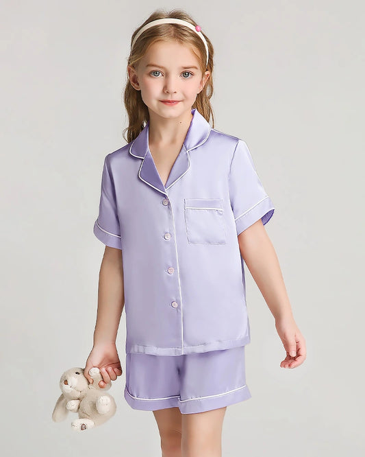 Girls Short Sleeve Silk Pajamas Set with Shorts