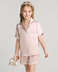 Girls Short Sleeve Silk Pajamas Set with Shorts