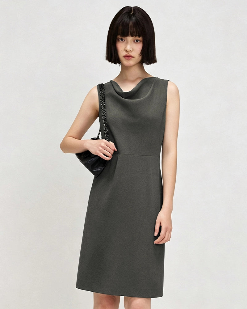Triacetate Cowl Neck A Line Knee Length Dress