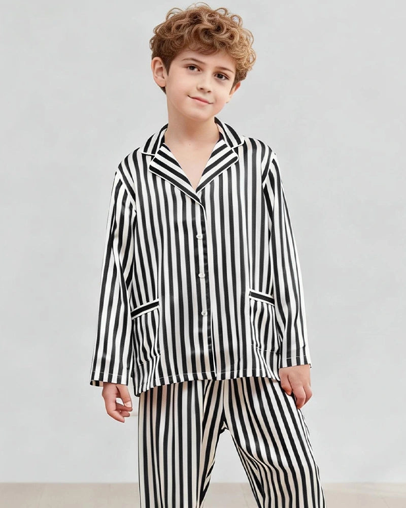 Striped Kids Silk Pajama Set with Pockets