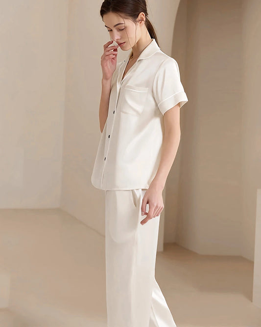 Washable Silk Short Sleeve Long Pants Pajama Set, Ivory