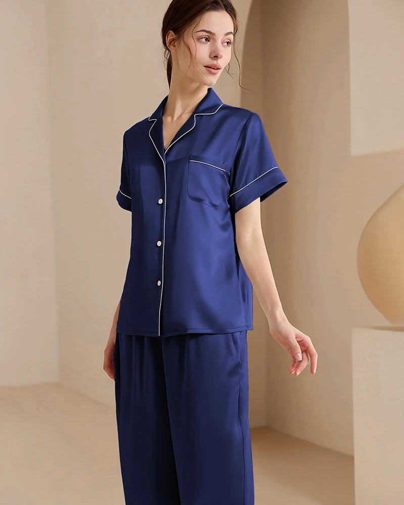 Washable Silk Short Sleeve Long Pants Pajama Set, Navy