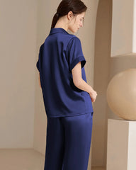 Washable Silk Short Sleeve Long Pants Pajama Set, Navy