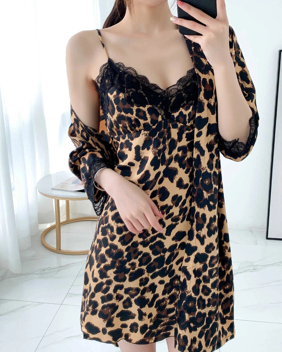 Leopard Silk Nightdress and Robe Set, Leopard Print