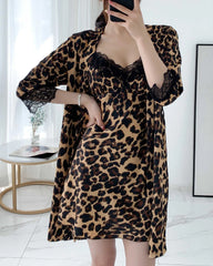 Leopard Silk Nightdress and Robe Set, Leopard Print