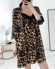 Leopard Silk Nightdress and Robe Set, Leopard Print
