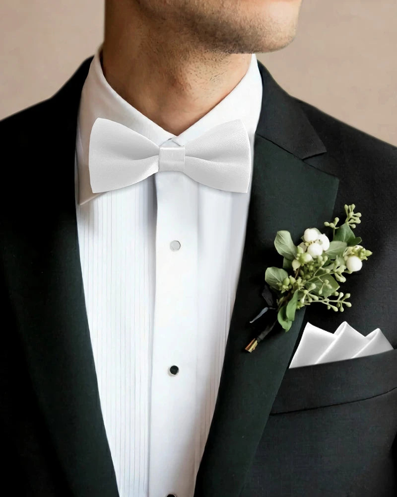 Washable Silk Bow Tie and Pocket Square Set, White