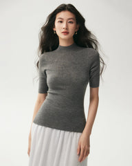 100% Merino Wool Mock Neck Short Sleeve Top