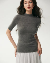 100% Merino Wool Mock Neck Short Sleeve Top