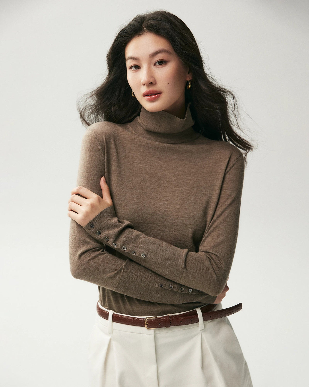 100% Merino Wool Button Cuff Turtleneck