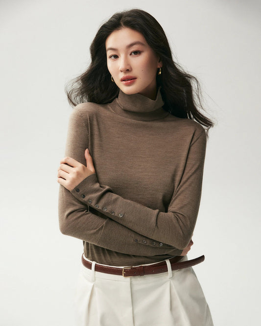 100% Merino Wool Button Cuff Turtleneck