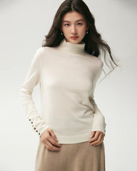 100% Merino Wool Button Cuff Turtleneck