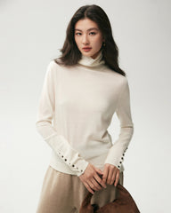 100% Merino Wool Button Cuff Turtleneck