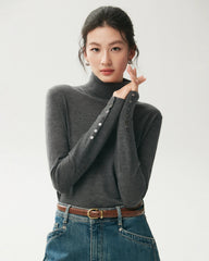 100% Merino Wool Button Cuff Turtleneck