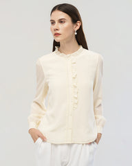 Long Sleeve Silk Blouse with Ruffle Trim